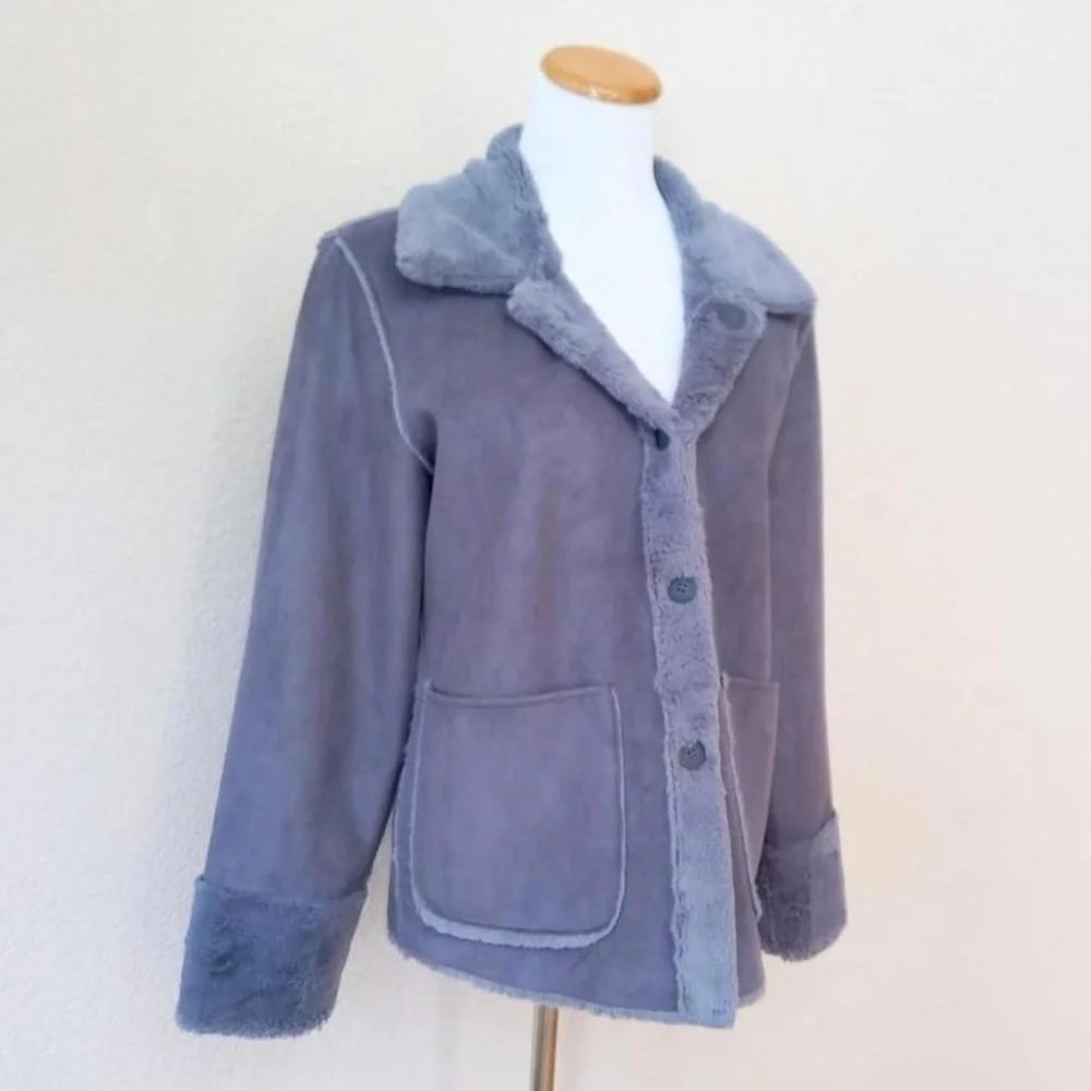 Brandon Thomas vintage Y2K blue gray/purple faux micro suede sherpa lined coat - Picture 2 of 8